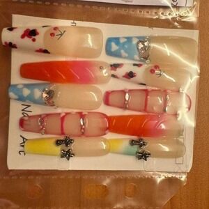Colorful Mixed Design Press-On Nails with Charms & Rhinestones – Nail Set